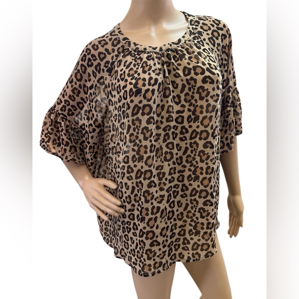 Ava & Viv Sheer Leopard Print Sheer Top Women’s Size 1X Ruffled Bell Sleeve